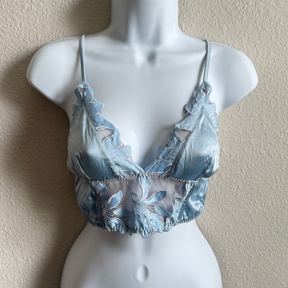Fleur Du Mal Lily Blue Floral Satin Bralette Women's M Sheer Feminine Coquette